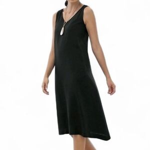 PureJill 100% Linen Black A-Line Midi Dress Sleeveless Lightweight Classic Chic